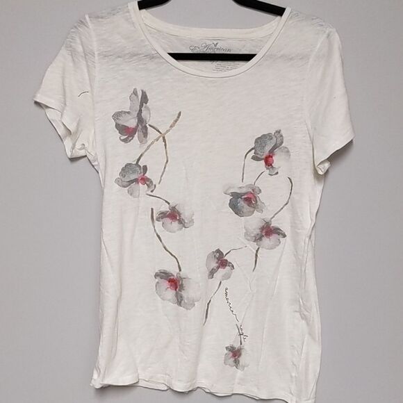 American Eagle Cream Floral Short Sleeve Shirt - Picture 1 of 3